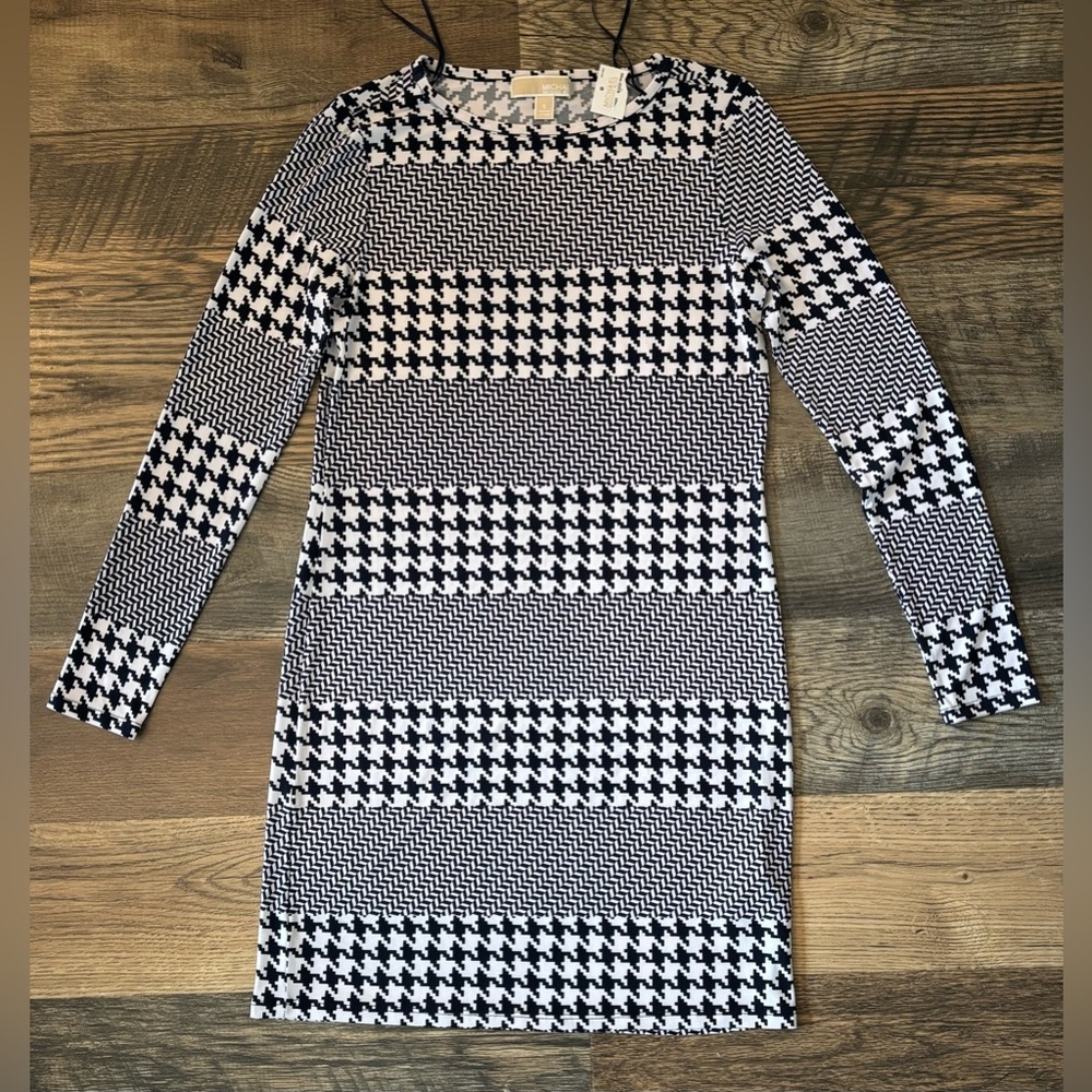 MICHAEL KORS Navy herringbone White Print Shift Dress Jersey Small Houndstooth - Picture 11 of 11